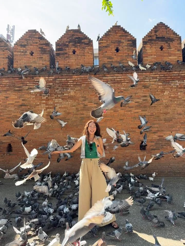 鄭婉婷在古蹟前與鴿群合影